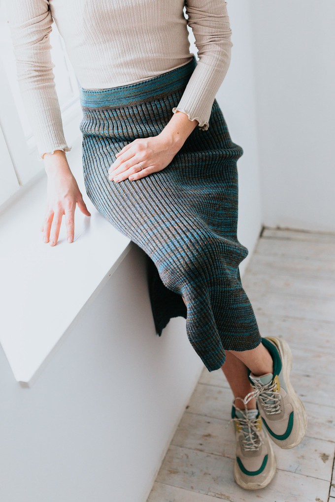 Raindrops Rib Knit Pencil Midi Skirt With Sparkles - Teal Blue Merino Wool Blend from STUDIO MYR