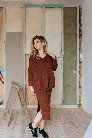 Leaves Rib Knit Midi Pencil Skirt With Sparkles - Red/Brown Merino Wool Blend from STUDIO MYR