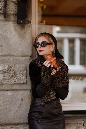 Vittoria Luxurious Hooded Scarf in Double Knit Velvet & Merino Blend - Black/Antique Golden from STUDIO MYR