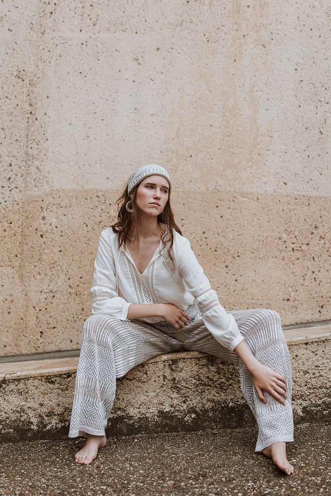 Berber Graphic Jacquard Linen Blend Knitted Palazzo Trousers - White/Neutrals Blend from STUDIO MYR