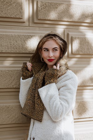 Antonia Luxurious Hooded Scarf in Double Knit Velvet & Merino Blend - Brown/Antique Golden from STUDIO MYR
