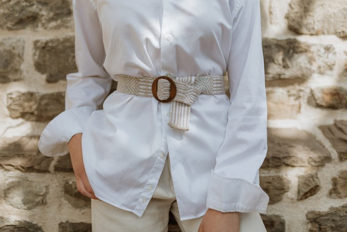 Berber Graphic Jacquard Linen Blend Knitted Belt - White/Beige Blend from STUDIO MYR