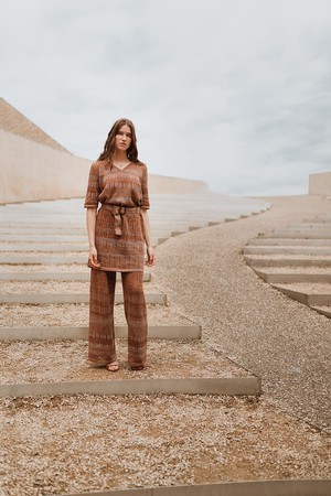 Himba Graphic Jacquard Linen Blend Knitted Dress With Belt - Brown/Neutrals Blend from STUDIO MYR