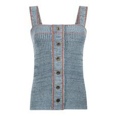 Denîmes Rib Knit Cotton Top With Fake Jeans Button Closure - Light Blue via STUDIO MYR