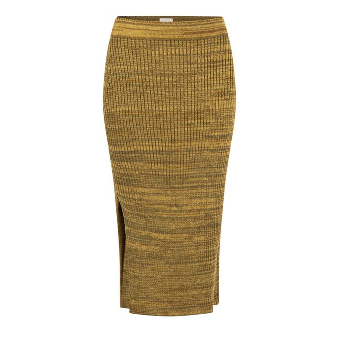 Sunbeam Rib Knit Midi Pencil Skirt With Sparkles - Mustard/Green Merino Wool Blend from STUDIO MYR