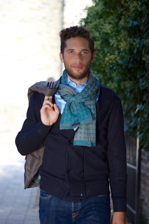 Teal Gradient Graphic Jacquard Knit Cotton Scarf - Teal Blue With Warm Grey from STUDIO MYR