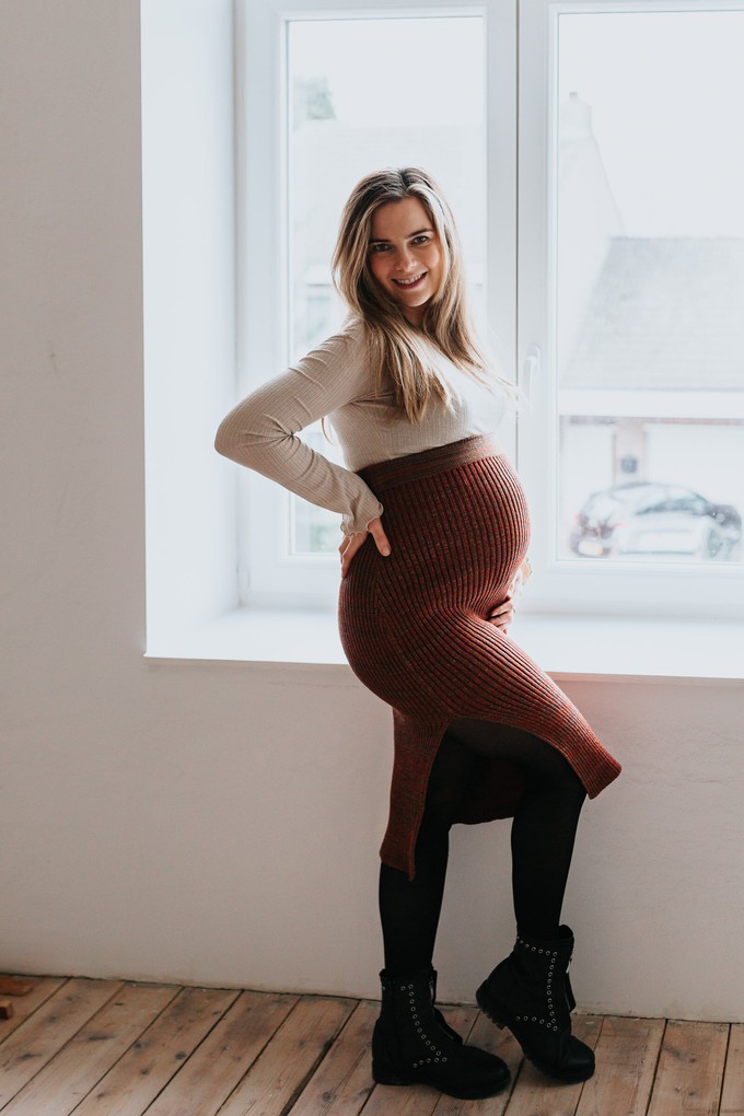 Leaves Rib Knit Midi Pencil Skirt With Sparkles - Red/Brown Merino Wool Blend from STUDIO MYR