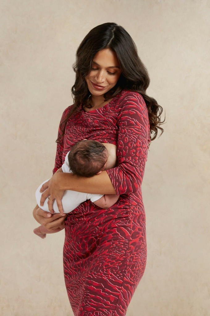 Audrey Fig Animal Print Maternity and Nursing Dress | Red from Tilbea London