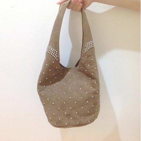 Gem - beige suede mini bucket studded bag from Treasures-Design