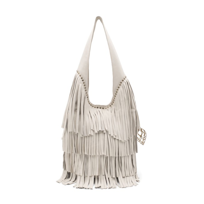 Kendra: cream lambleather fringed shoulderbag with silver studs from Treasures-Design