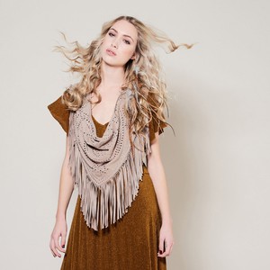 Alya suede fringe Shawl with studs - powder beige from Treasures-Design