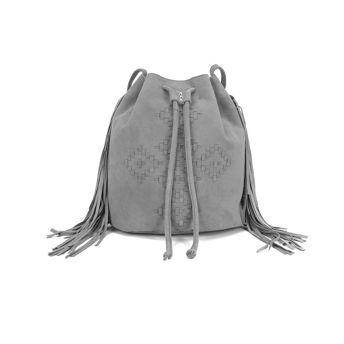 Capri - suede crossbody fringe bag with woven leather embroidery - grey from Treasures-Design