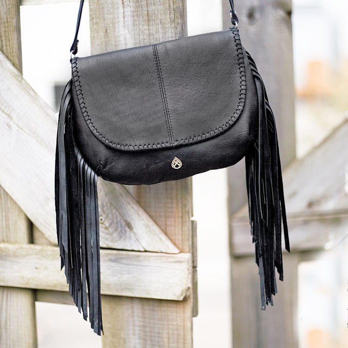 Lydia - black leather crossbody fringe bag with woven leather trims from Treasures-Design