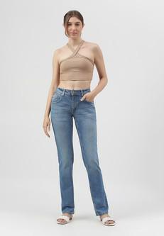 Unüberschüssiges Versprechen | Lange, schmale Jeans mit mittelhohem Bund in Indigoblau via Un Denim