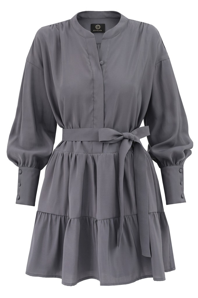 Belted Mini Flare Dress Longsleeve - Silver Grey from Urbankissed