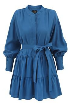 Belted Mini Flare Dress Longsleeve - Blue via Urbankissed