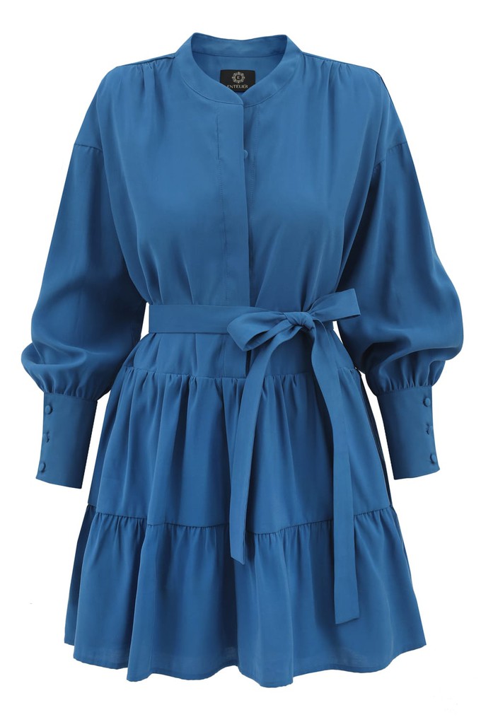 Belted Mini Flare Dress Longsleeve - Blue from Urbankissed