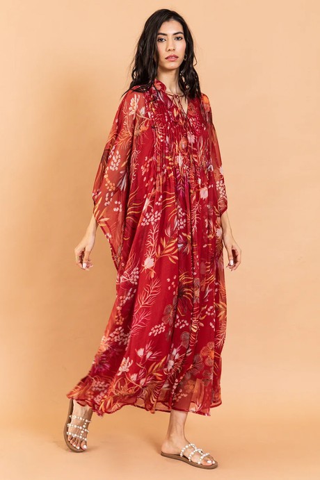 Chiffon Floral Kaftan Maxi Dress - Red from Urbankissed