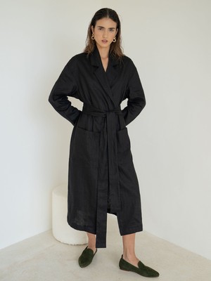 Relaxed-fit Linen Trench Coat in Black from Urbankissed