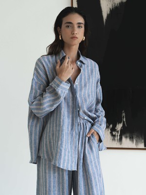 Oversized Linen Shirt Blue & Red Stripe from Urbankissed