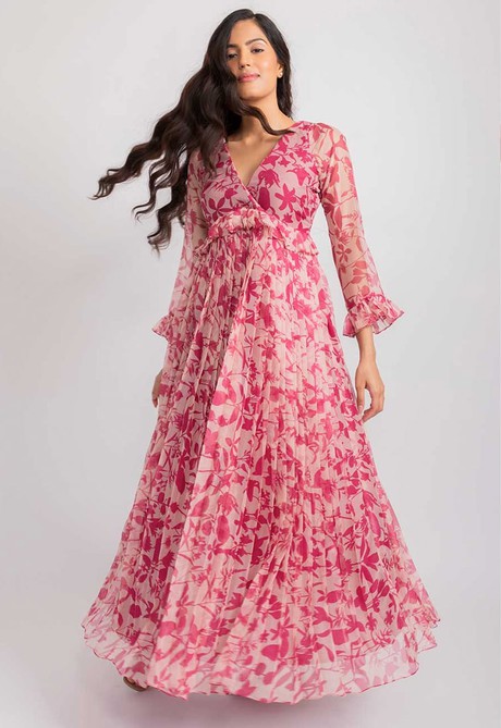 Sheer Floral Pleated Maxi Dress - Pink from Urbankissed