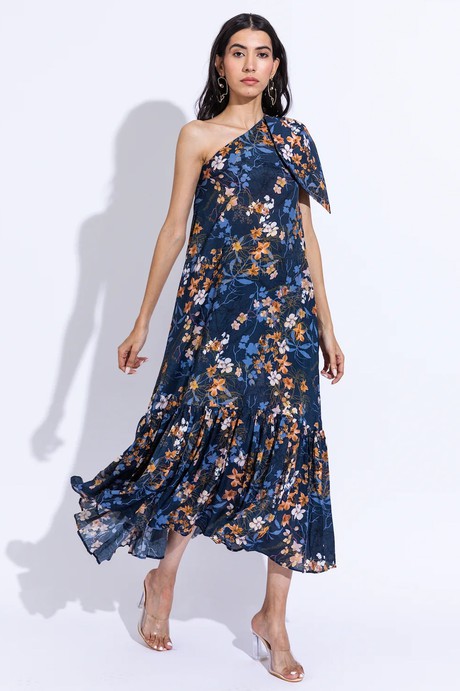 Floral Maxi Dress One-Shoulder - Dark Blue from Urbankissed