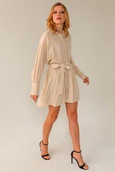 Belted Mini Flare Dress Longsleeve - Beige via Urbankissed