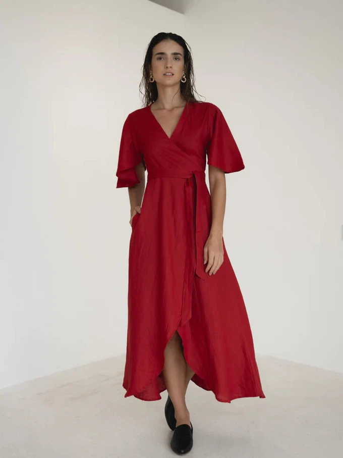 Dhalia Linen Dress in Maroon Red from Urbankissed