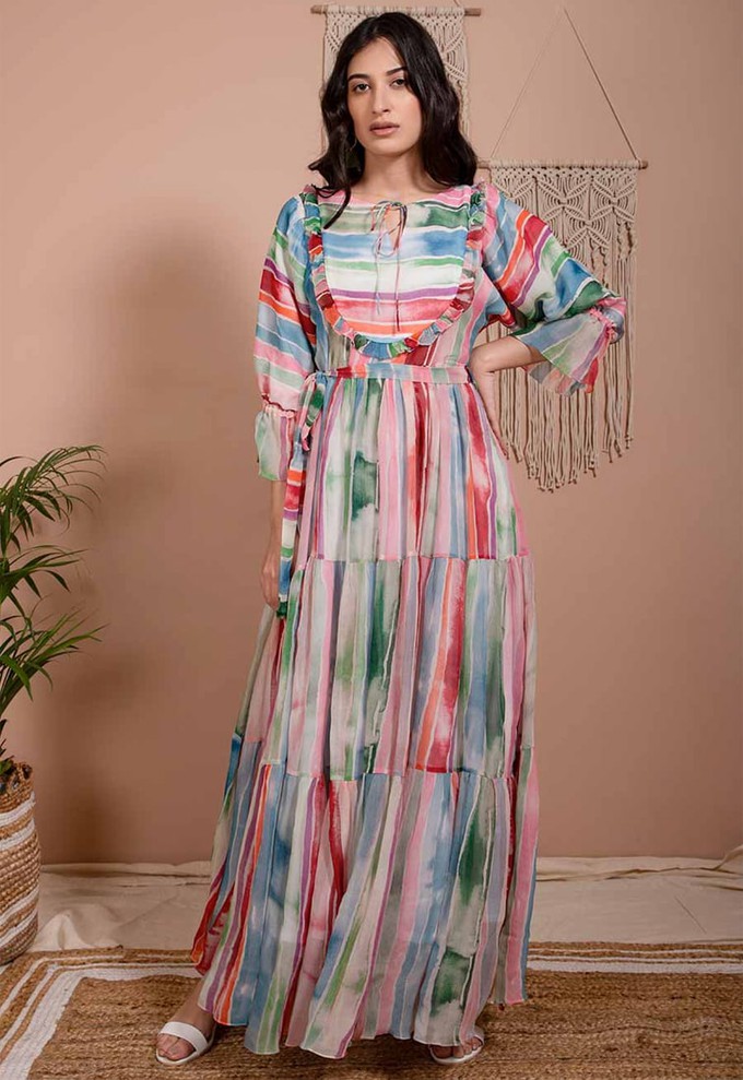 Tiered Chiffon Maxi Dress - Mulitcolour from Urbankissed