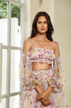 Floral Chiffon Longsleeve Off Shoulder Crop Top Bandeau via Urbankissed