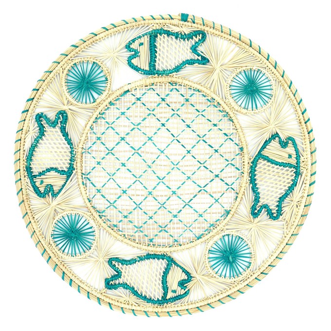 Round Placemats Natural Straw Woven Turquoise & Fish (Set x 4) from Urbankissed