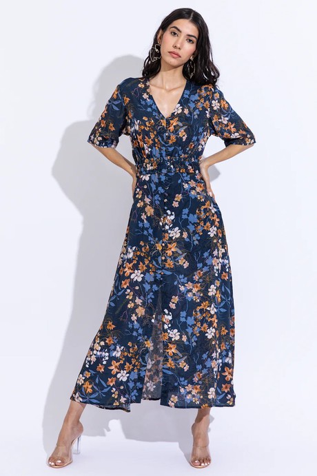 Floral Button-Down Maxi Dress - Dark Blue from Urbankissed