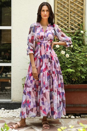 Tiered Chiffon Maxi Dress - Soft Red & Violet from Urbankissed