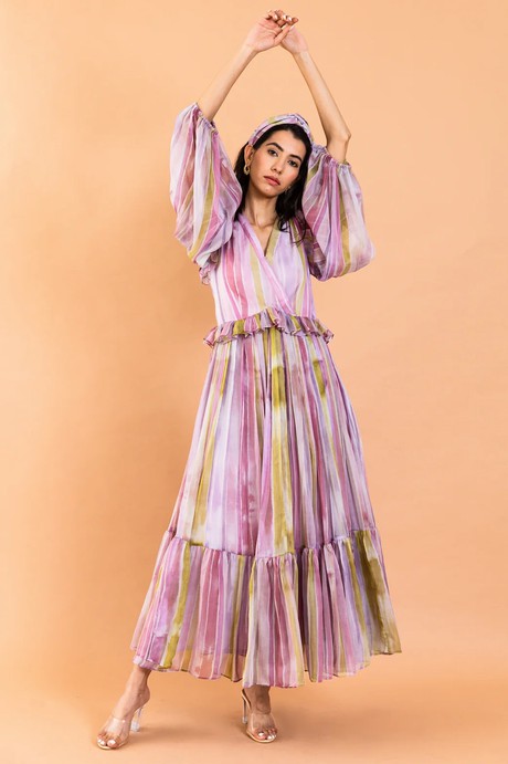 Chiffon Long Sleeve Maxi Dress Ruffle Details - Blush from Urbankissed