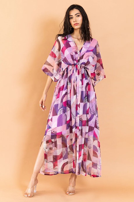 Chiffon Maxi Dress - Soft Red & Violet from Urbankissed