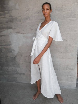 Linen Wrap Dress in White - Dhalia from Urbankissed