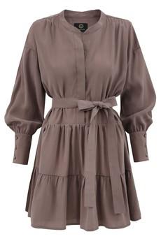 Belted Mini Flare Dress Longsleeve - Light Brown via Urbankissed