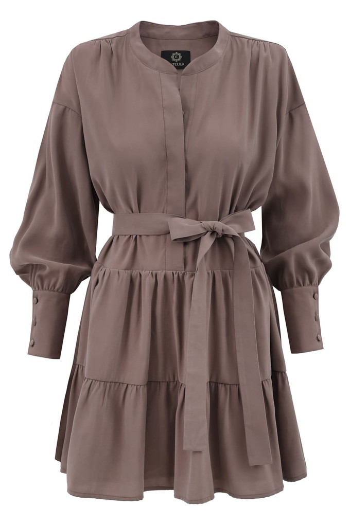 Belted Mini Flare Dress Longsleeve - Light Brown from Urbankissed