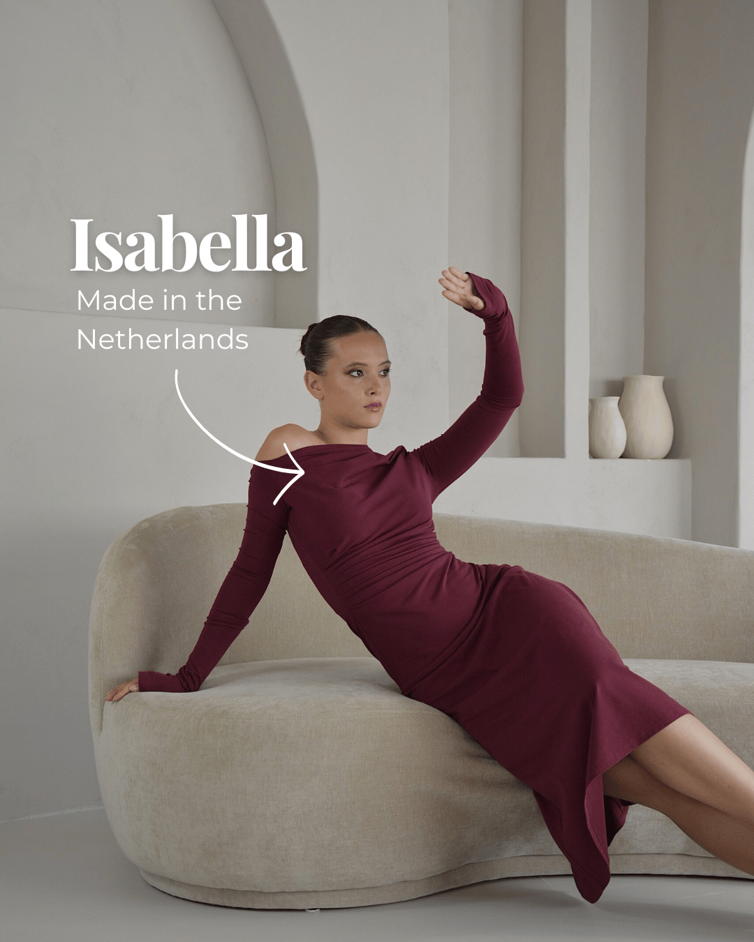 Off-shoulder bruiloftsgastjurk gemaakt in Nederland