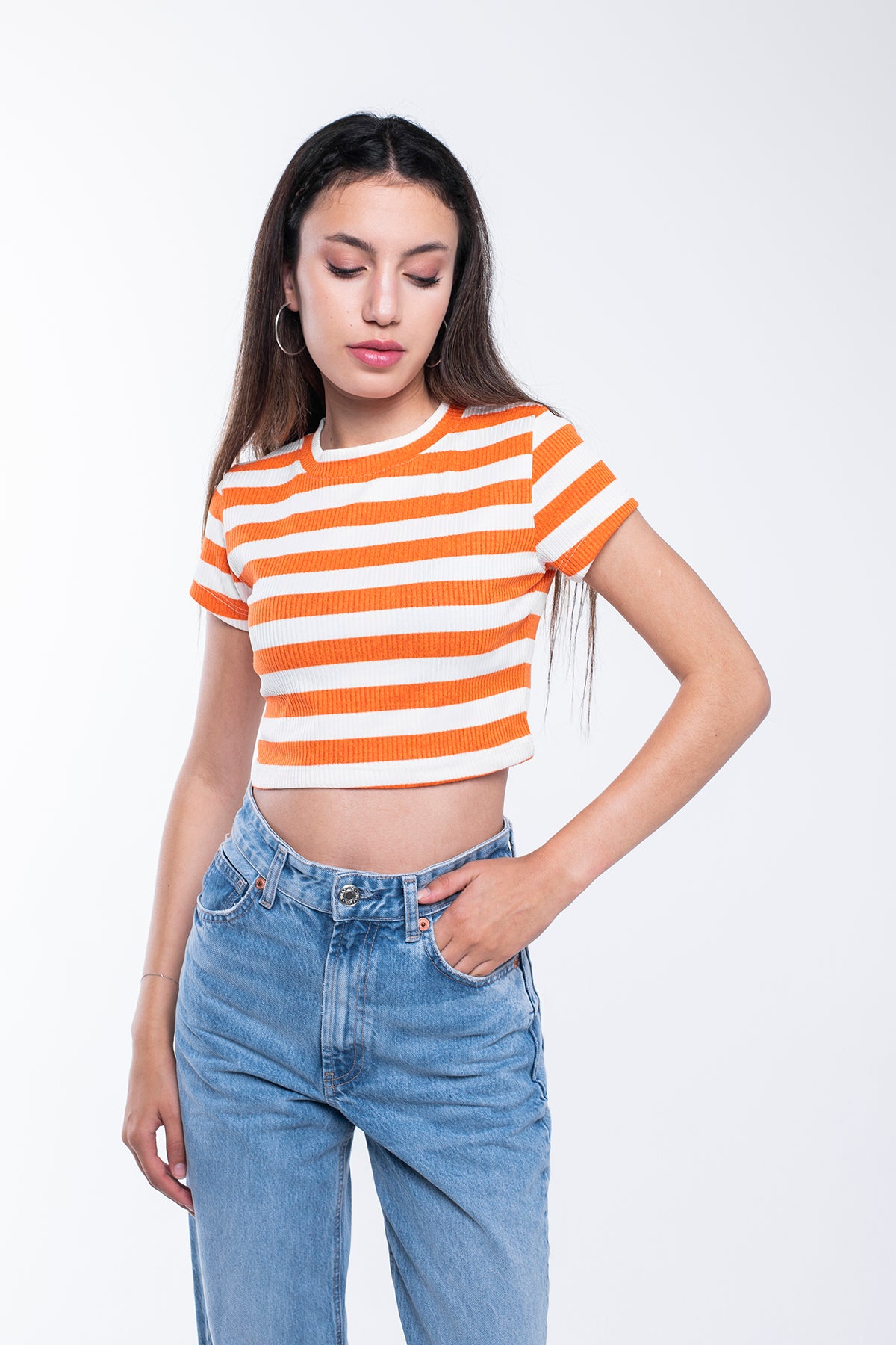 Ribbed Striped Crop T Shirt