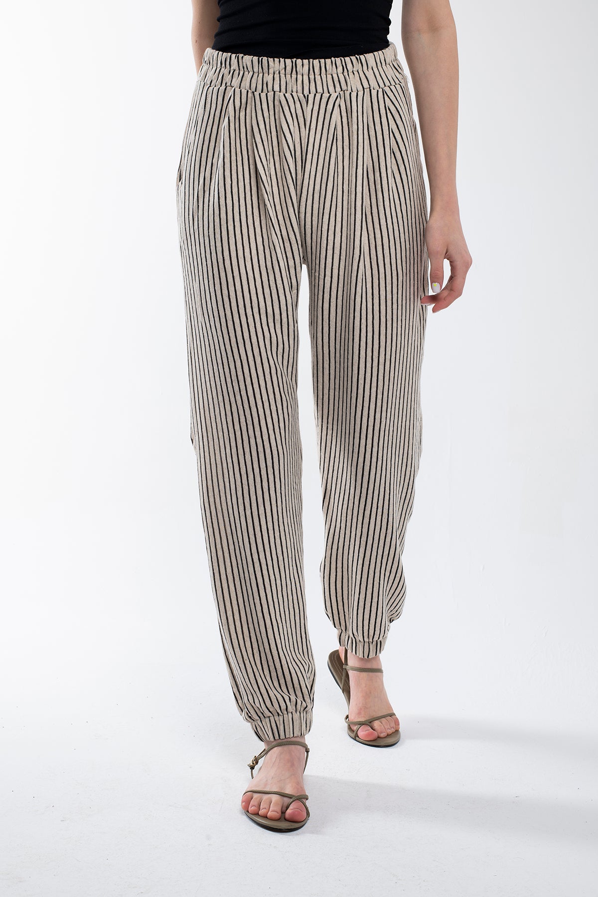 Project Cece  Striped Linen Pants with Elastic Legs