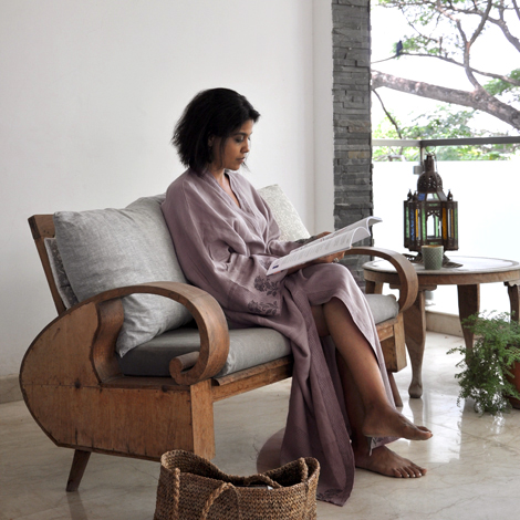 hand block printed linen kantha robe from Common Texture hand block printed linen kantha robe from Common Texture