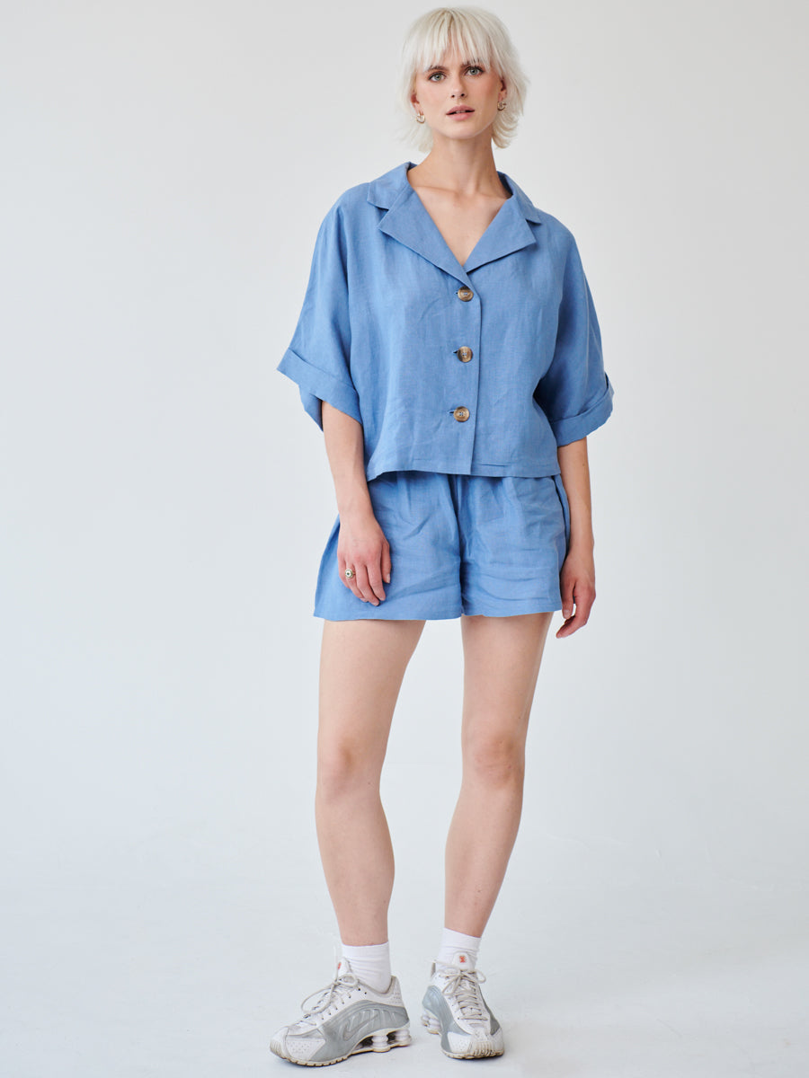 Project Cece | Cornflower Blue Linen Shorts and Shirt Set