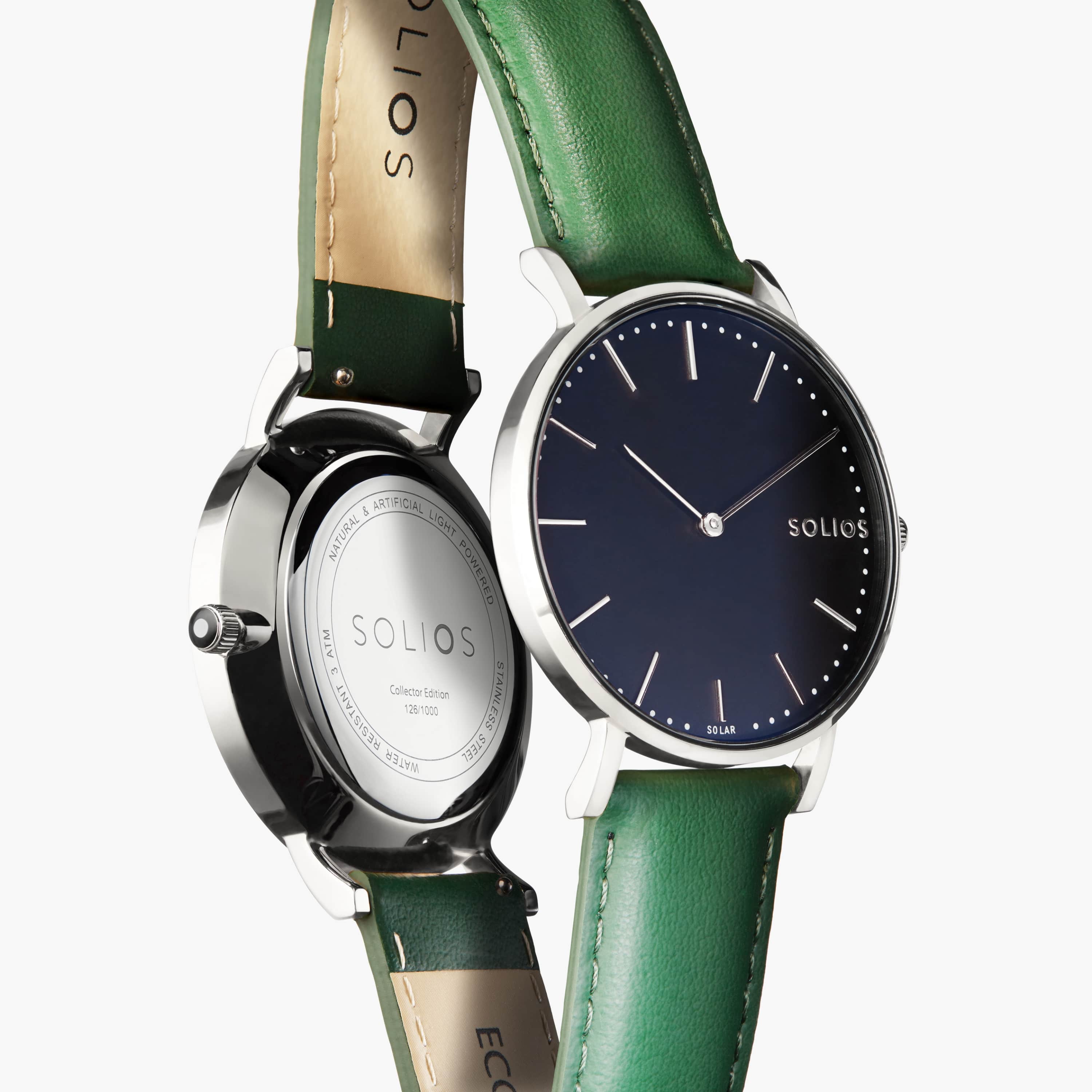 Black Solar Watch | Green Vegan Leather van Solios Watches
