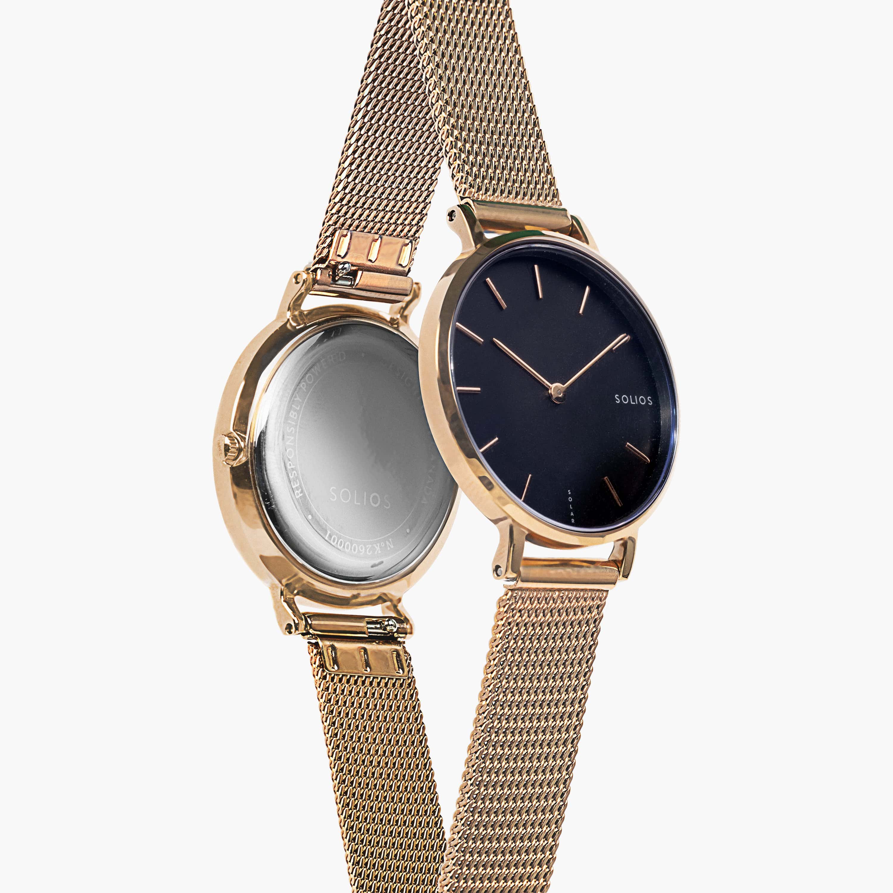 Black Mini Solar Watch | Rose Gold Mesh van Solios Watches