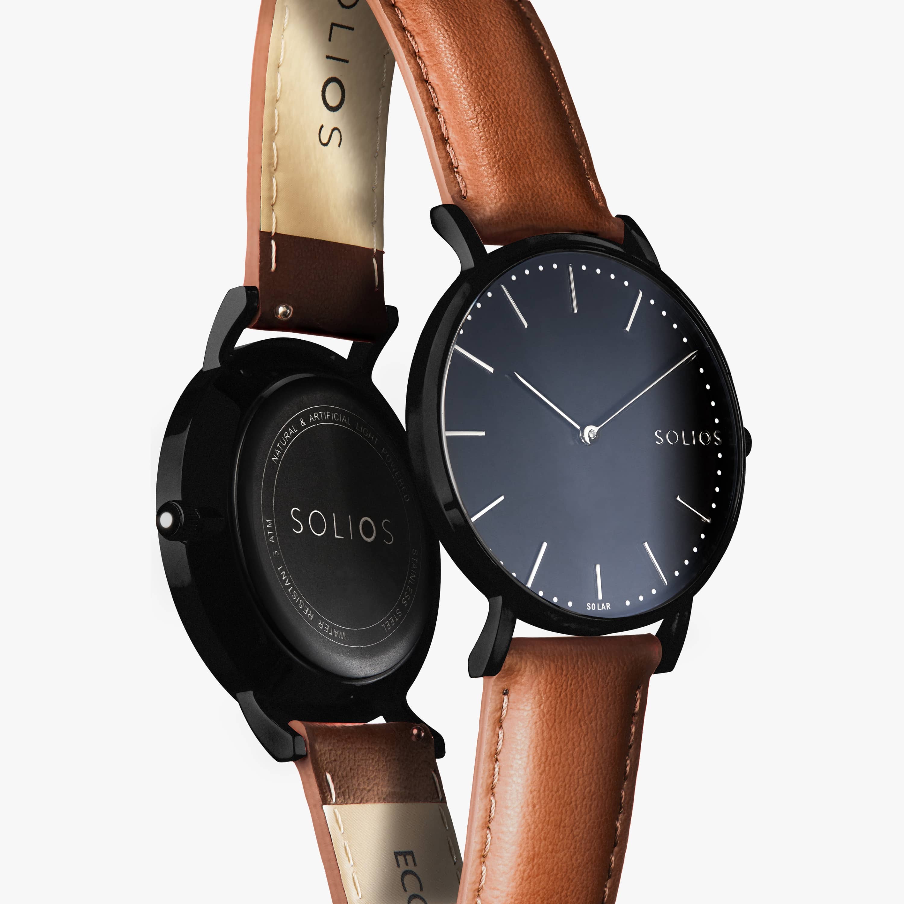 Black Solar Watch | Brown Vegan Leather van Solios Watches