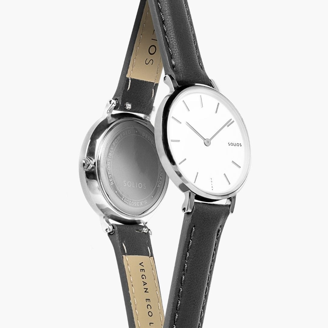 White Mini Solar Watch | Black Vegan Leather van Solios Watches