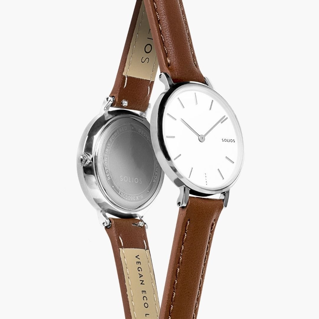 White Mini Solar Watch | Brown Vegan Leather van Solios Watches